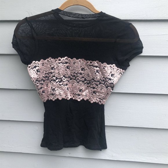 Vintage Black Sheer Mesh Camisole Wide Pink Lace Band Under Layer Garment - Picture 6 of 6